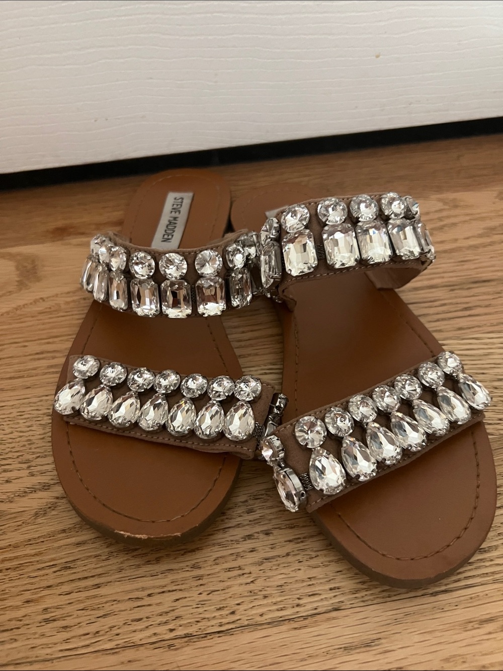 Steve Madden Tan Jeweled Double-Strap Slide Sandals